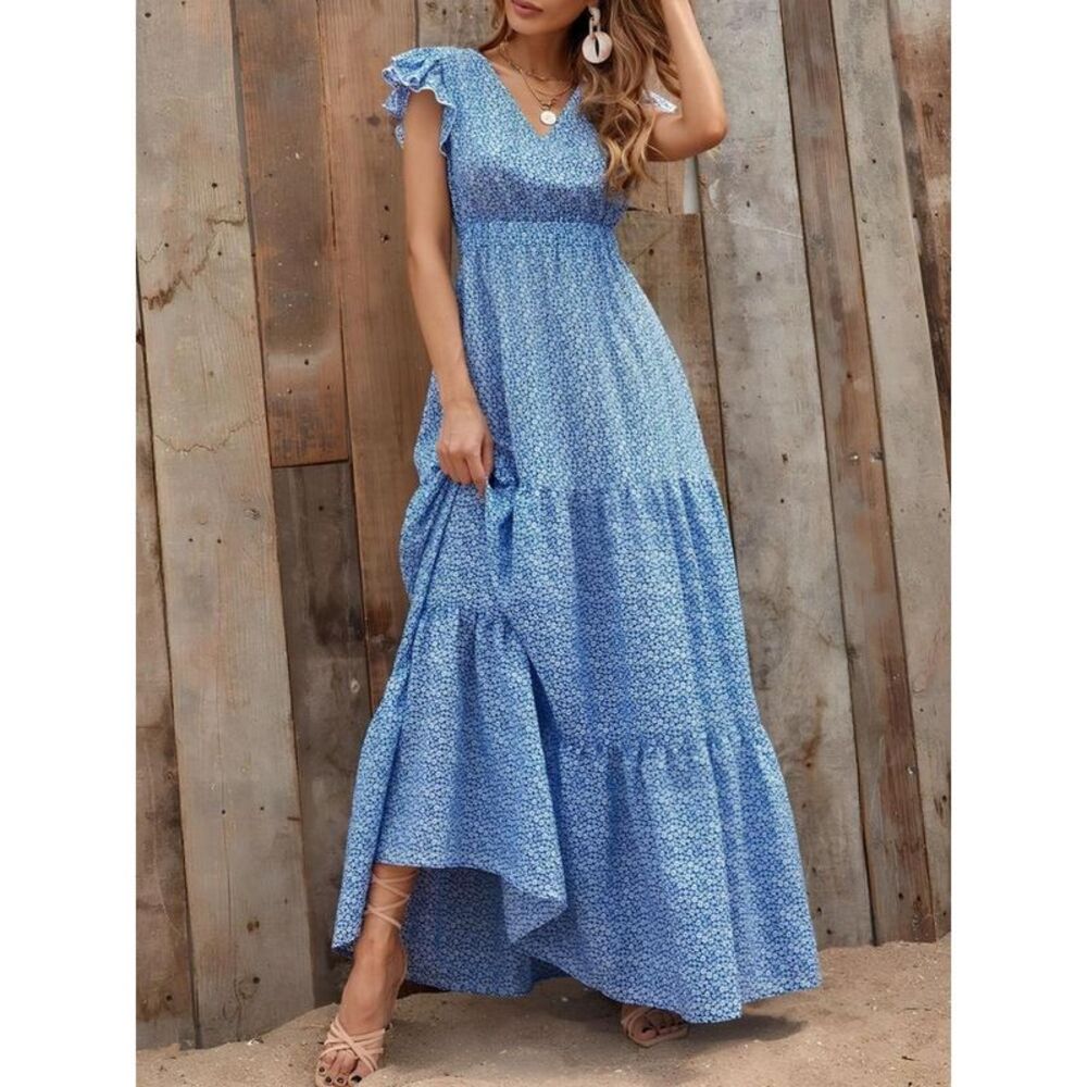 Everyday the Label Tiered Floral Maxi Dress Women Sky Blue Dresses